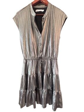 Rebecca Minkoff Silver Metallic Pleated Tiered Mini Dress Size S Party Cocktail